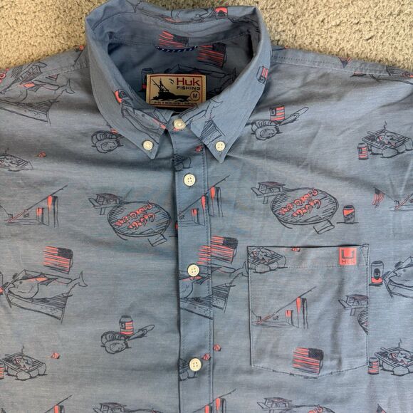 S Huk Shirt Mens M Blue Short Sleeve Button Down Performance Outdoors Fishing - Picture 1 of 9